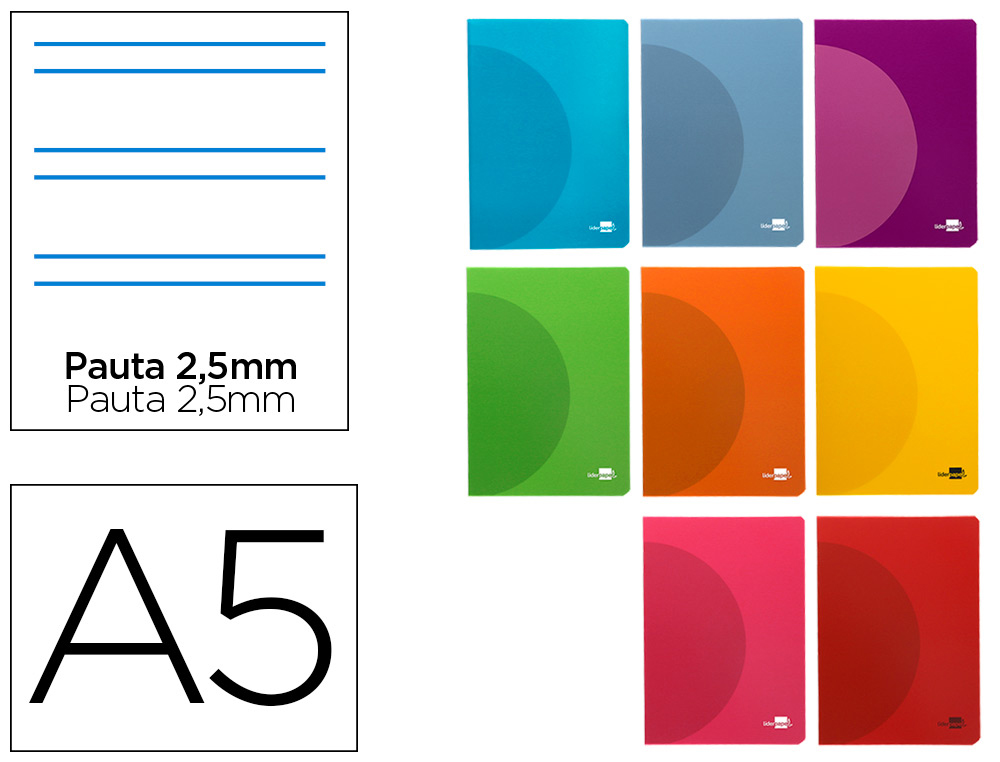 LIBRETA LIDERPAPEL 360 TAPA DE PLASTICO A5 48 HOJAS 90GR PAUTA 5 2,5MM CON MARGEN COLORES SURTIDOS