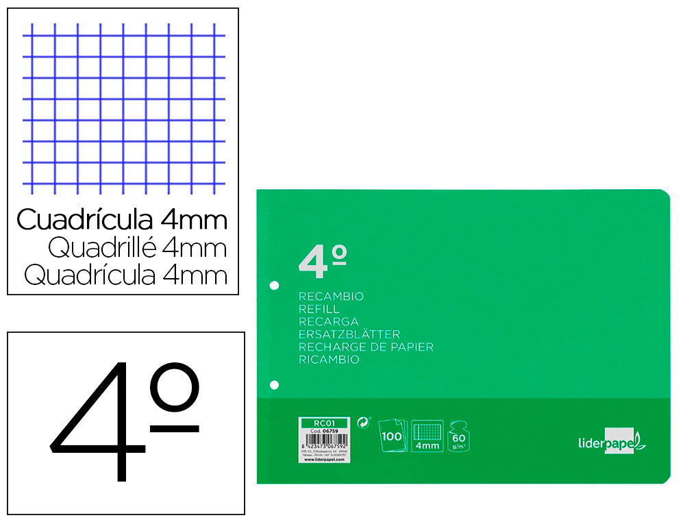 RECAMBIO LIDERPAPEL CUARTO APAISADO 100 HOJAS 60GR CUADRO 4 MM 2 TALADROS CON MARGEN