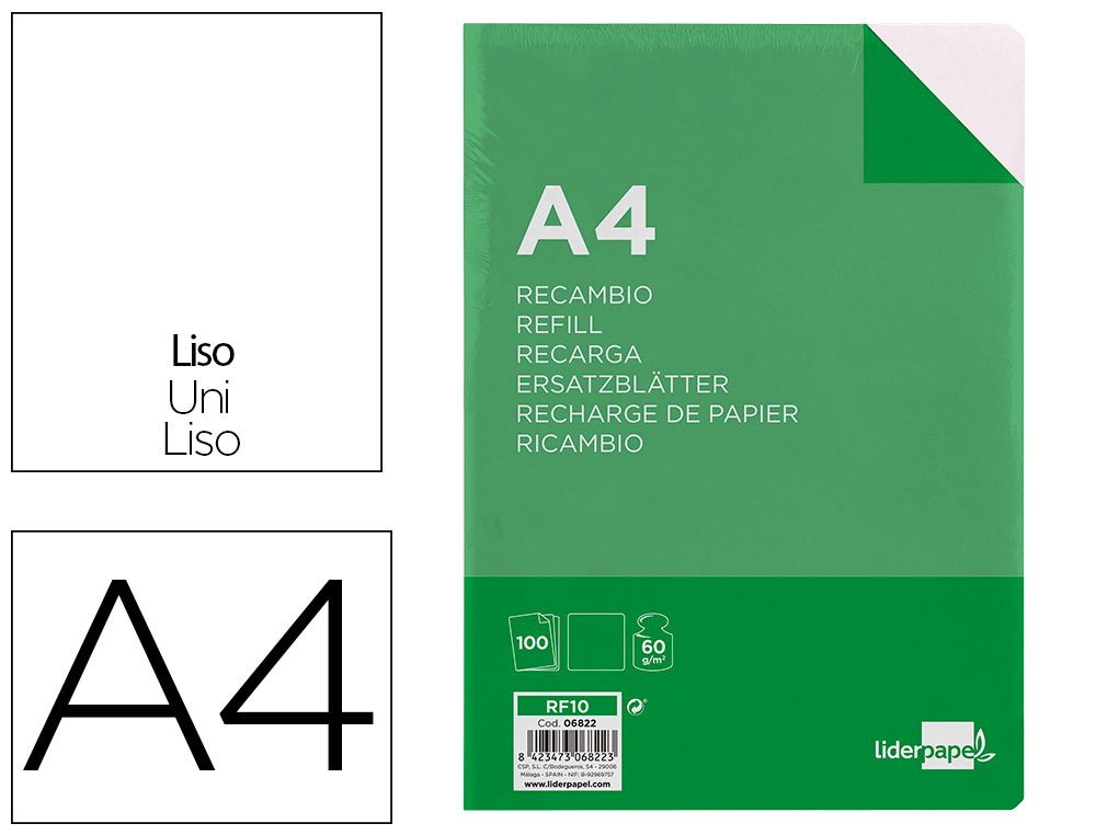 RECAMBIO LIDERPAPEL A4 100 HOJAS 60GR LISO SIN MARGEN 4 TALADROS