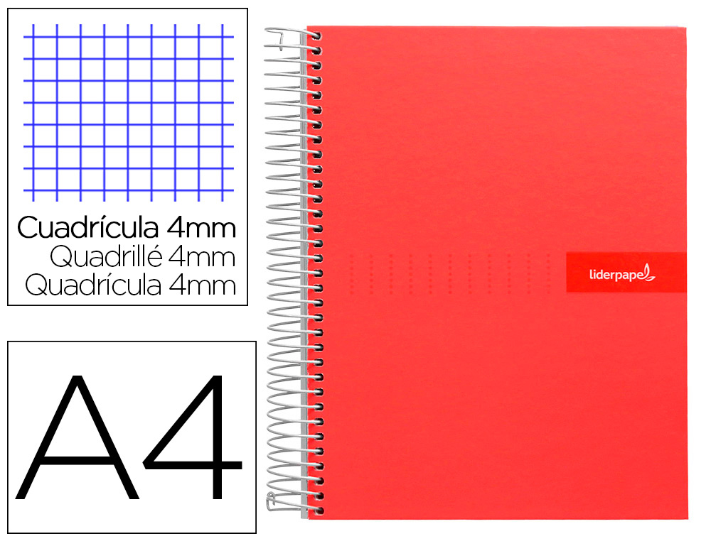 CUADERNO ESPIRAL LIDERPAPEL A4 CRAFTY TAPA FORRADA 80H 90GR CUADRO 4MM CON MARGEN COLOR ROJA