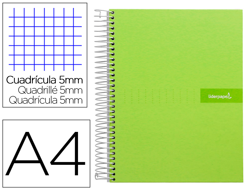 CUADERNO ESPIRAL LIDERPAPEL A4 MICRO CRAFTY TAPA FORRADA 120H 90GR CUADRO 5MM 5 BANDAS 4 COLORES COLOR VERDE