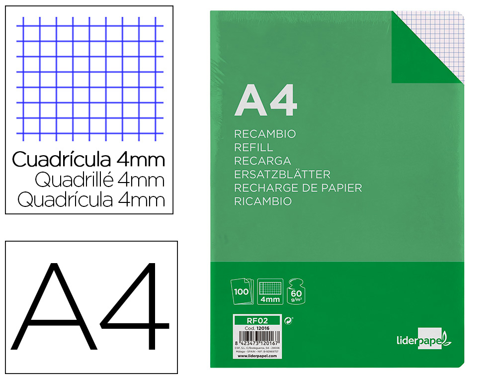 RECAMBIO LIDERPAPEL A4 100 HOJAS 60GR CUADRO 4MM CON MARGEN SIN TALADROS