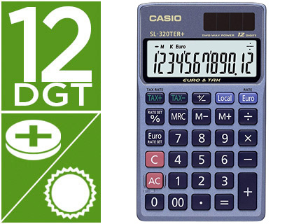 CALCULADORA CASIO SL-320TER BOLSILLO 12 DIGITOS TAX +/- CONVERSION MONEDA TECLA DOBLE CERO COLOR AZUL