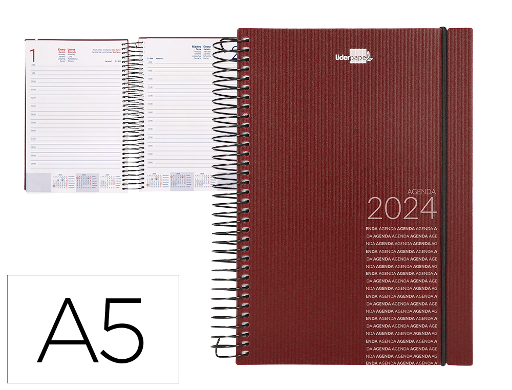 AGENDA ESPIRAL LIDERPAPEL OLBIA 15X21 CM 2024 DIA PAGINA TAPA POLIPROPILENO METALIZADO BURDEOS PAPEL 60G