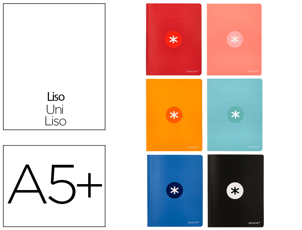 LIBRETA ANTARTIK A5+ PLUS COSIDA 48 HOJAS 90GR LISO SIN MARGEN 6 COLORES SURTIDOS