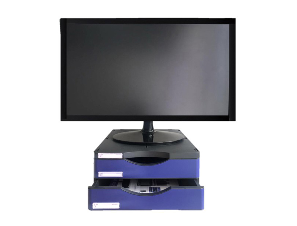 SOPORTE ARCHIVO 2000 PARA MONITOR POLIESTER 100% RECICLADO 2 CAJONES A4 Y FOLIONEGRO/AZUL 360X300X145 MM