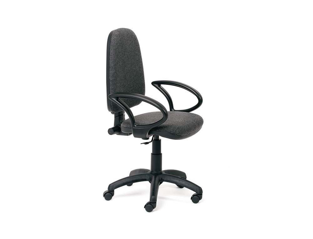 SILLA ROCADA DE OFICINA BRAZOS FIJOS BASE NYLON RESPALDO Y ASIENTO TELA IGNIFUGA GRIS