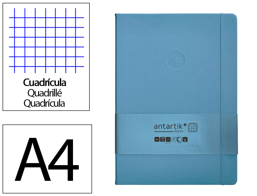 CUADERNO CON GOMILLA ANTARTIK NOTES TAPA DURA A4 HOJAS CUADRICULA AZUL CLARO 100 HOJAS 80 GR FSC