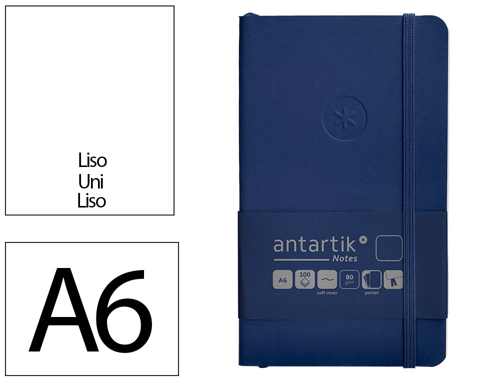 CUADERNO CON GOMILLA ANTARTIK NOTES TAPA BLANDA A6 HOJAS LISAS AZUL MARINO 100 HOJAS 80 GR FSC