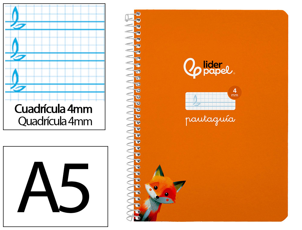 CUADERNO ESPIRAL LIDERPAPEL A5 PAUTAGUIA TAPA BLANDA 40H 75GR CUADRO PAUTADO 4MM COLOR NARANJA