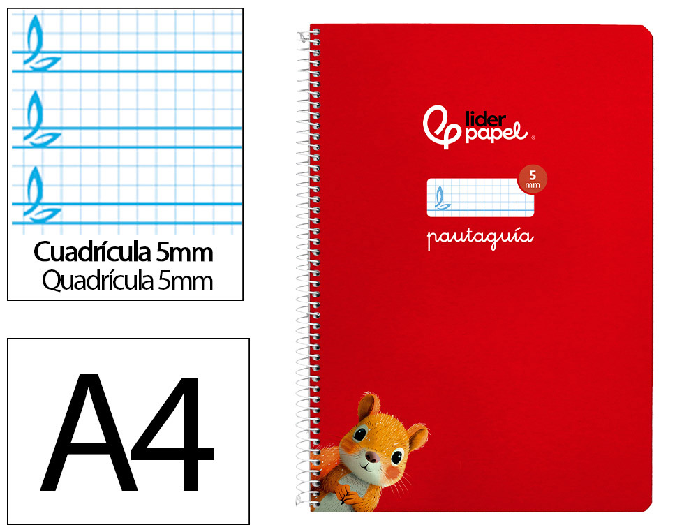 CUADERNO ESPIRAL LIDERPAPEL A4 PAUTAGUIA TAPA BLANDA 80H 75GR CUADRO PAUTADO 5MM COLOR ROJO