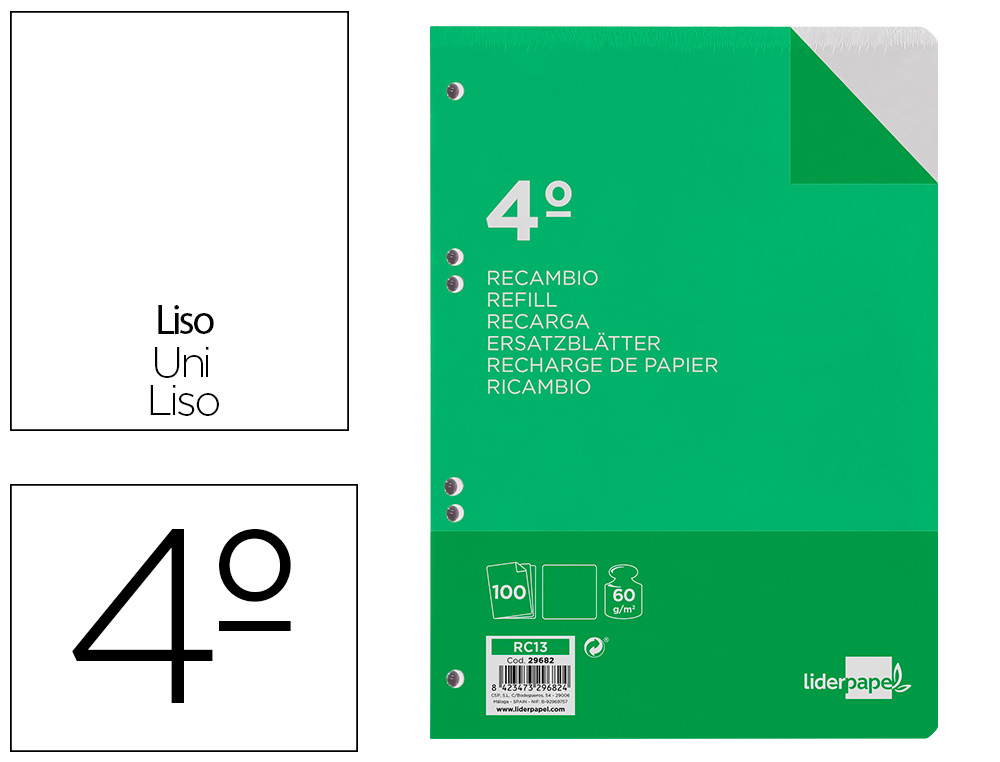 RECAMBIO LIDERPAPEL CUARTO 100 HOJAS 60GR LISO SIN MARGEN 6 TALADROS