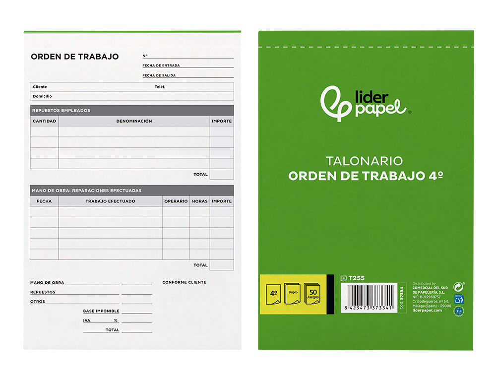 TALONARIO LIDERPAPEL ORDEN DE TRABAJO CUARTO ORIGINAL Y COPIA T255