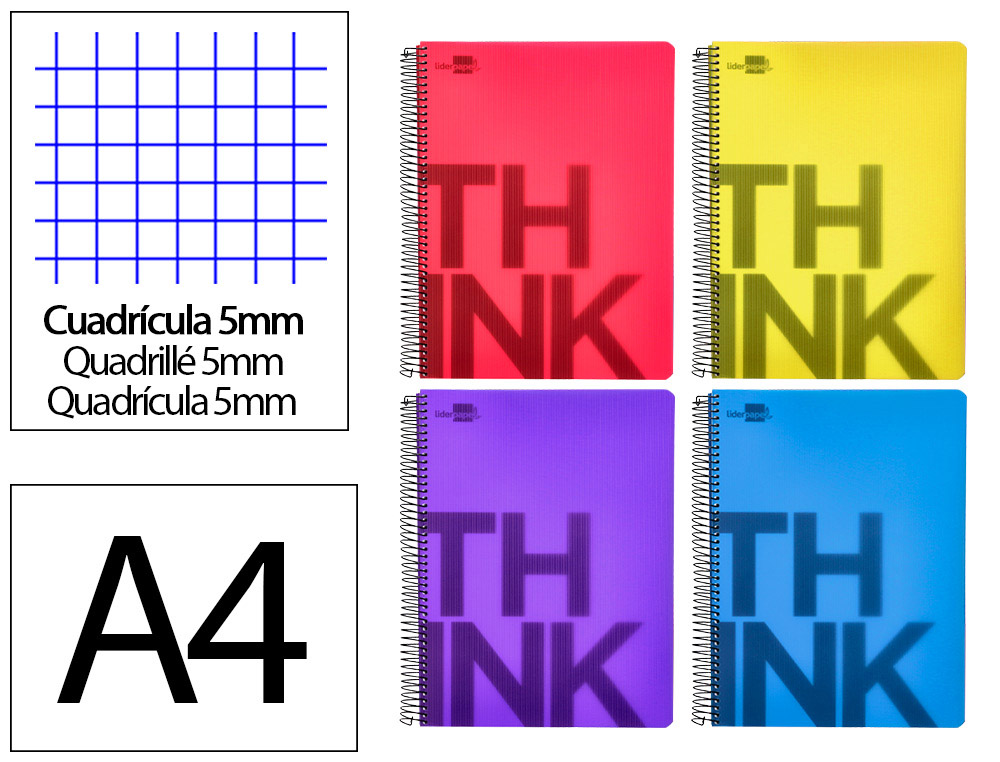CUADERNO ESPIRAL LIDERPAPEL A4 MICRO THINK TAPA PLASTICO 140H 80GR CUADRO 5MM 5 BANDAS 4 TALADROS 4