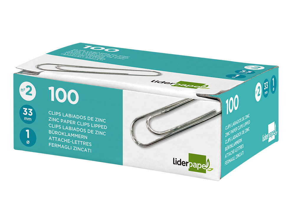 CLIPS LIDERPAPEL Nº2 LABIADOS 33 MM CAJA DE 100 UNIDADES