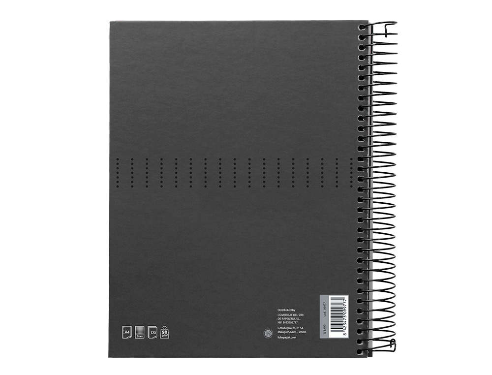 CUADERNO ESPIRAL LIDERPAPEL A4 MICRO CRAFTY TAPA FORRADA 120H 90GR CUADRO 5MM 5 BANDAS 4 COLORES COLOR NEGRO