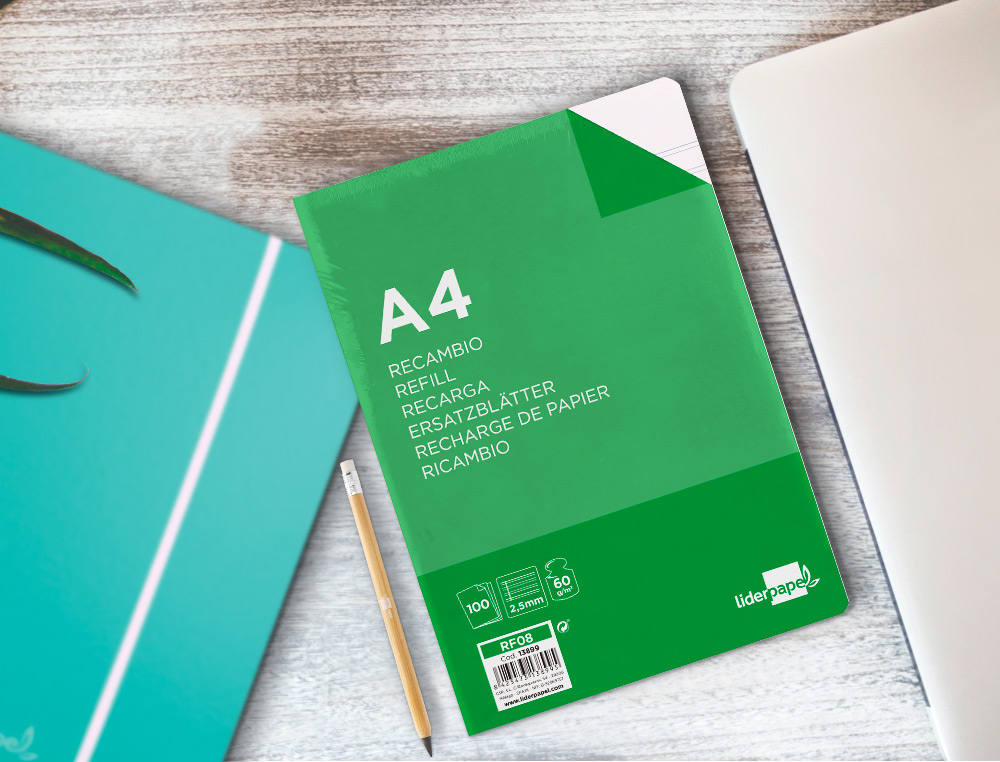 RECAMBIO LIDERPAPEL A4 100 HOJAS 60GR PAUTA 5ª 2.5MM CON MARGEN 4 TALADROS