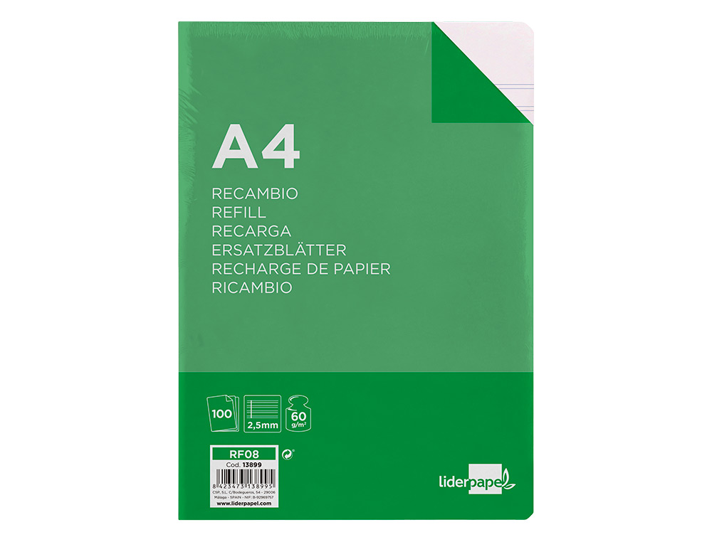 RECAMBIO LIDERPAPEL A4 100 HOJAS 60GR PAUTA 5ª 2.5MM CON MARGEN 4 TALADROS