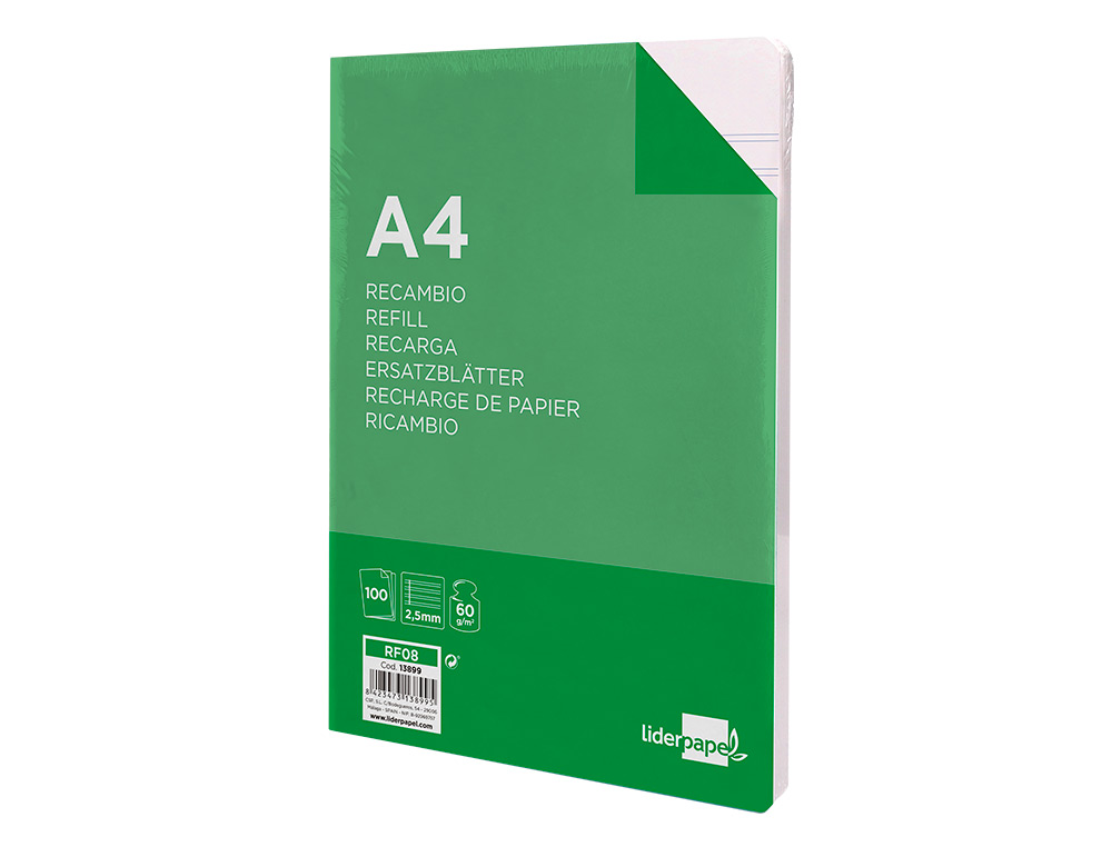 RECAMBIO LIDERPAPEL A4 100 HOJAS 60GR PAUTA 5ª 2.5MM CON MARGEN 4 TALADROS