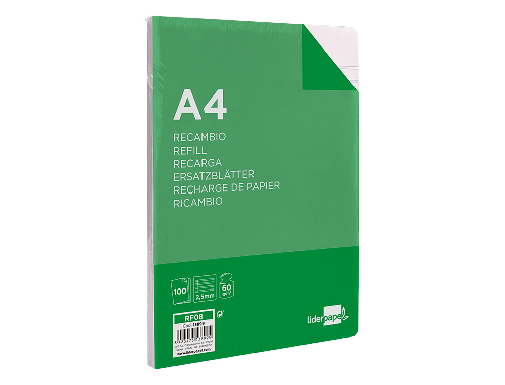 RECAMBIO LIDERPAPEL A4 100 HOJAS 60GR PAUTA 5ª 2.5MM CON MARGEN 4 TALADROS