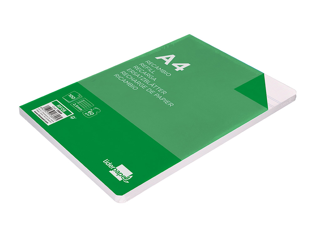 RECAMBIO LIDERPAPEL A4 100 HOJAS 60GR PAUTA 5ª 2.5MM CON MARGEN 4 TALADROS