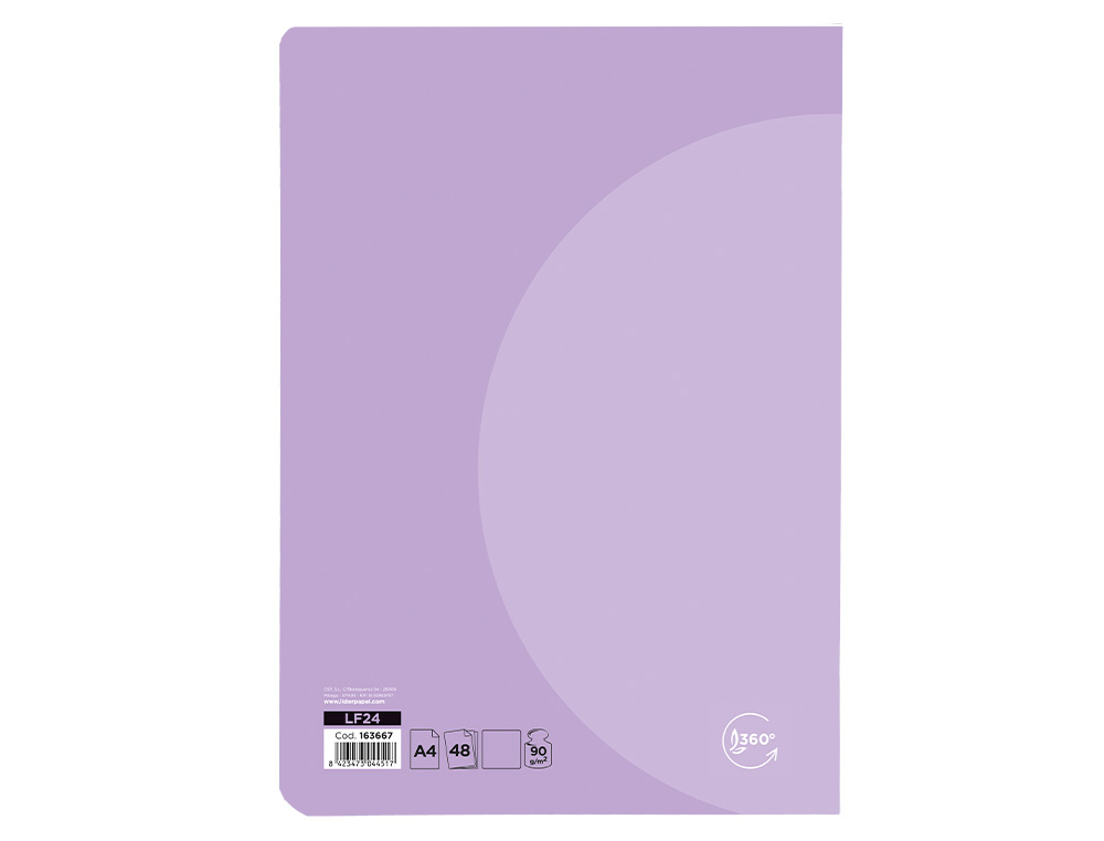 LIBRETA LIDERPAPEL 360 TAPA DE PLASTICO A4 48 HOJAS 90GR LISO SIN MARGEN COLORES PASTEL SURTIDOS