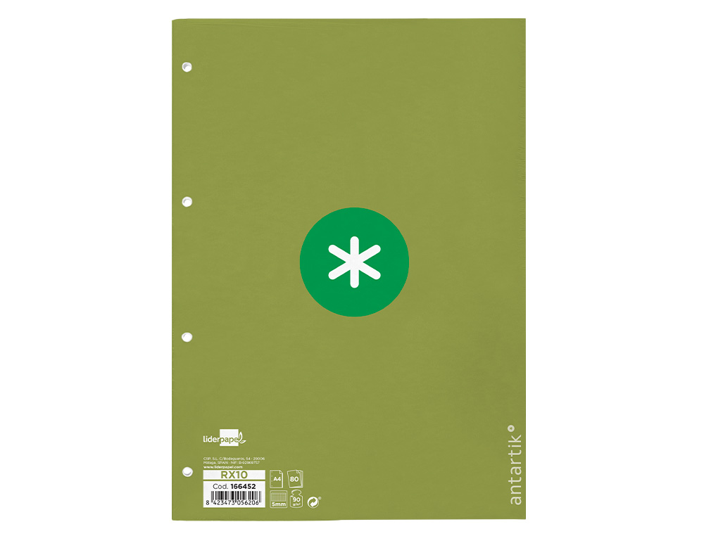 RECAMBIO A4 ANTARTIK 80 HOJAS 90G/M2 CUADRO 5MM 4 TALADROS 1 BANDA CON MARCO COLOR VERDE