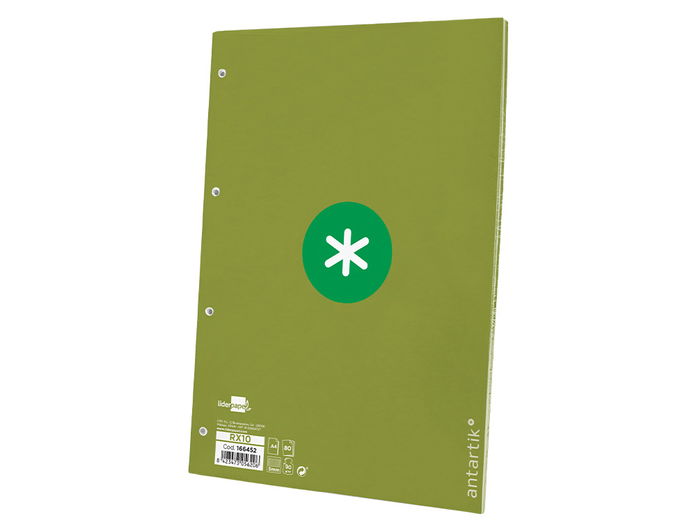 RECAMBIO A4 ANTARTIK 80 HOJAS 90G/M2 CUADRO 5MM 4 TALADROS 1 BANDA CON MARCO COLOR VERDE