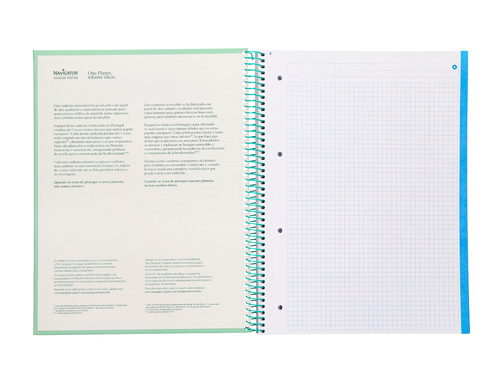 CUADERNO ESPIRAL NAVIGATOR A4 MICRO TAPA FORRADA 120H 80GR CUADRO 5MM 5 BANDAS 4 TALADROS COLOR MENTA