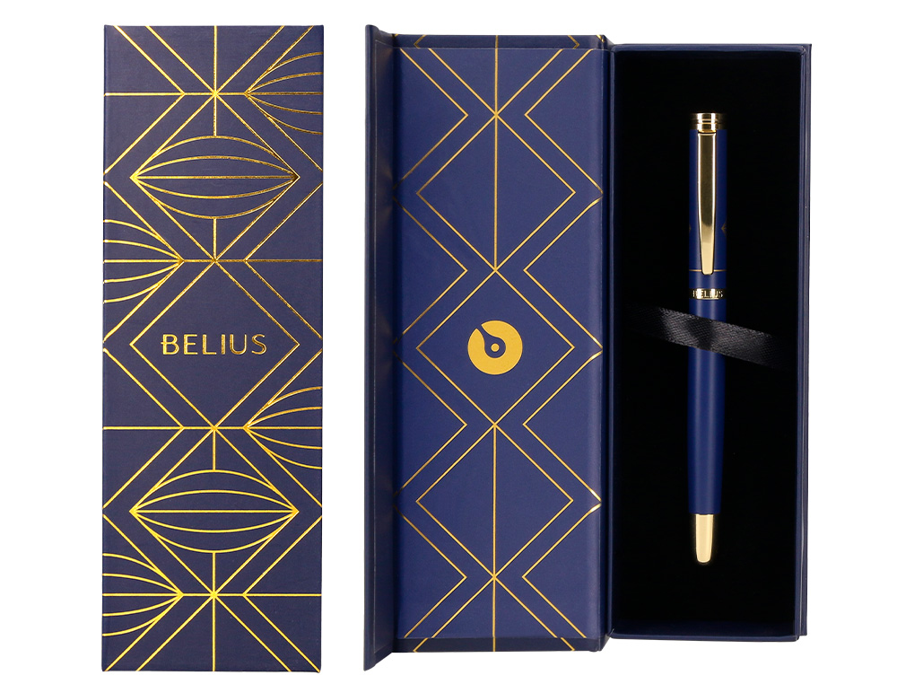PLUMA BELIUS SOIREE ALUMINIO COLOR ART DECO AZUL MARINO Y DORADO TINTA AZUL CAJA DE DISEÑO