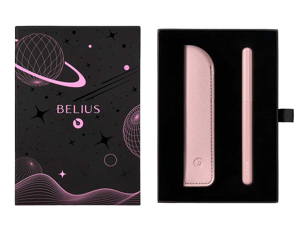 PLUMA Y FUNDA DE SIMILPIEL BELIUS SPACE B COLOR MINIMALISTA ROSA TINTA AZUL CAJA DE DISEO