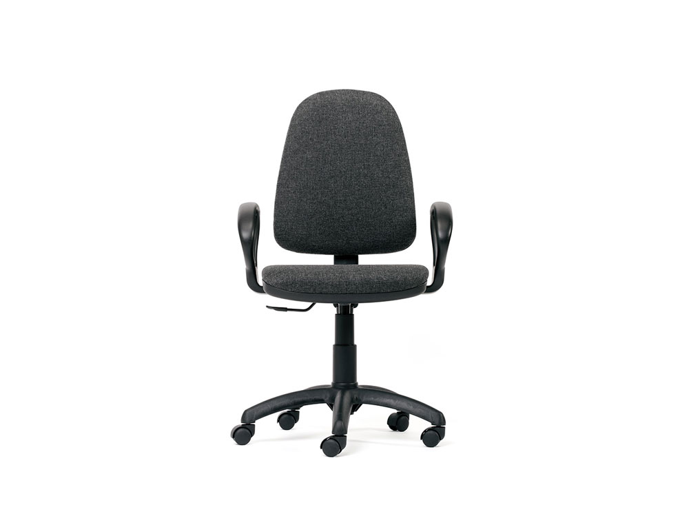 SILLA ROCADA DE OFICINA BRAZOS FIJOS BASE NYLON RESPALDO Y ASIENTO TELA IGNIFUGA GRIS