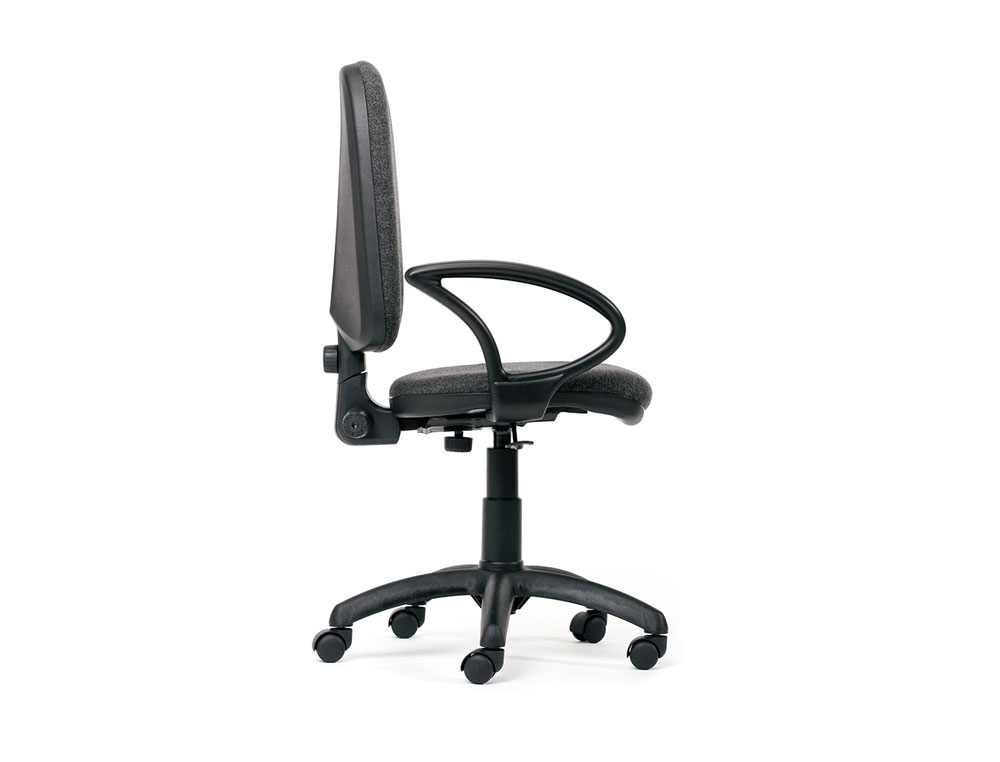 SILLA ROCADA DE OFICINA BRAZOS FIJOS BASE NYLON RESPALDO Y ASIENTO TELA IGNIFUGA GRIS