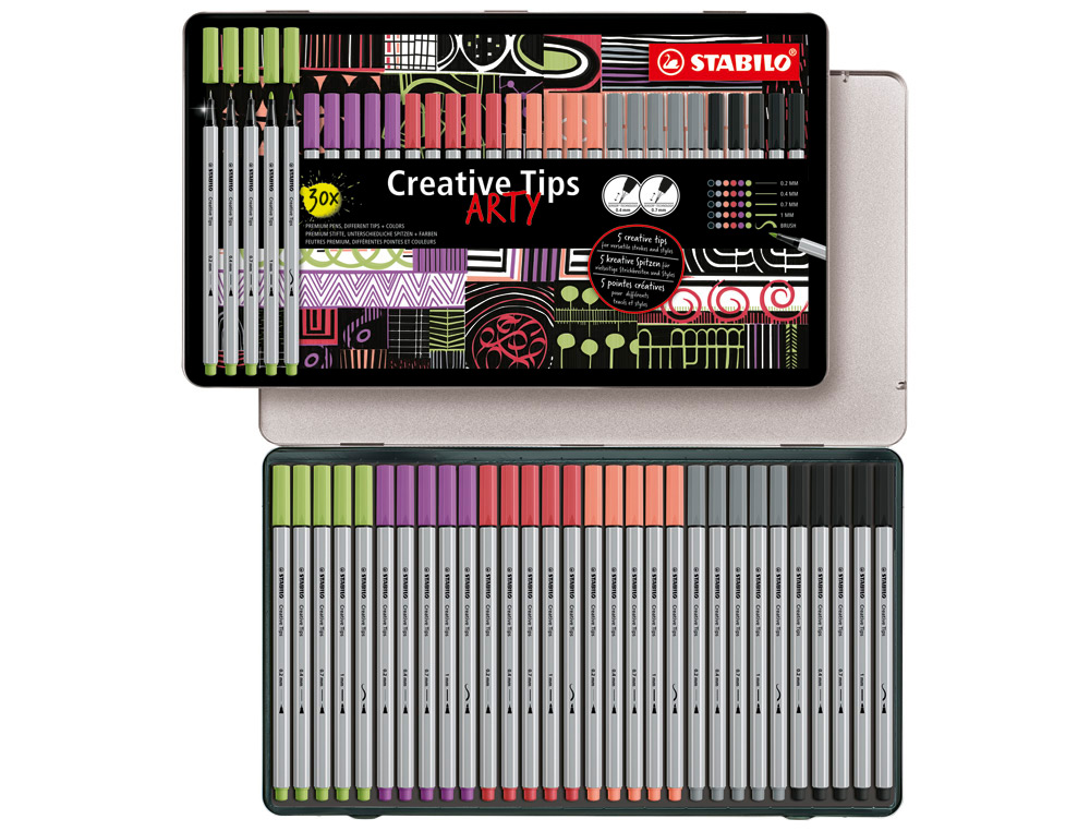 ROTULADOR STABILO CREATIVE TIPS ARTY LINE PASTEL 5 PUNTAS DIFERENTES POR COLOR ESTUCHE METALICO DE 30