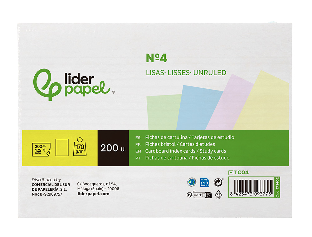 TARJETA LIDERPAPEL PARA ESTUDIAR LISA CARTULINA DE COLORES 170GR 125X200MM PAQUETE DE 200 UNIDADES