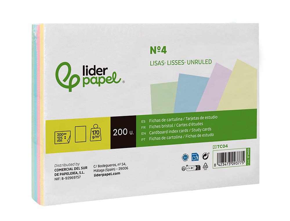 TARJETA LIDERPAPEL PARA ESTUDIAR LISA CARTULINA DE COLORES 170GR 125X200MM PAQUETE DE 200 UNIDADES