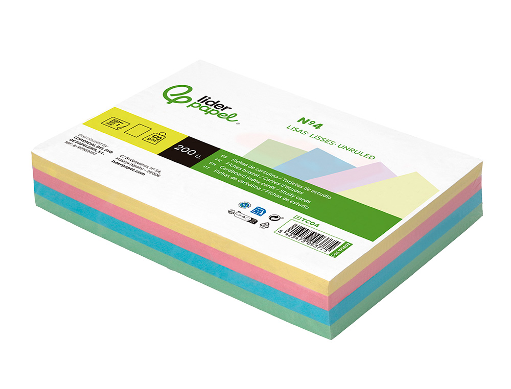 TARJETA LIDERPAPEL PARA ESTUDIAR LISA CARTULINA DE COLORES 170GR 125X200MM PAQUETE DE 200 UNIDADES