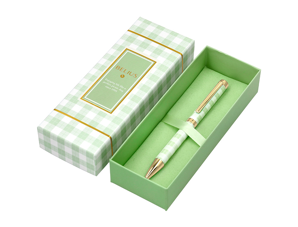 BOLIGRAFO BELIUS PICNIC ALUMINIO COLOR VERDE DORADO TINTA COLOR AZUL CAJA DE DISEO