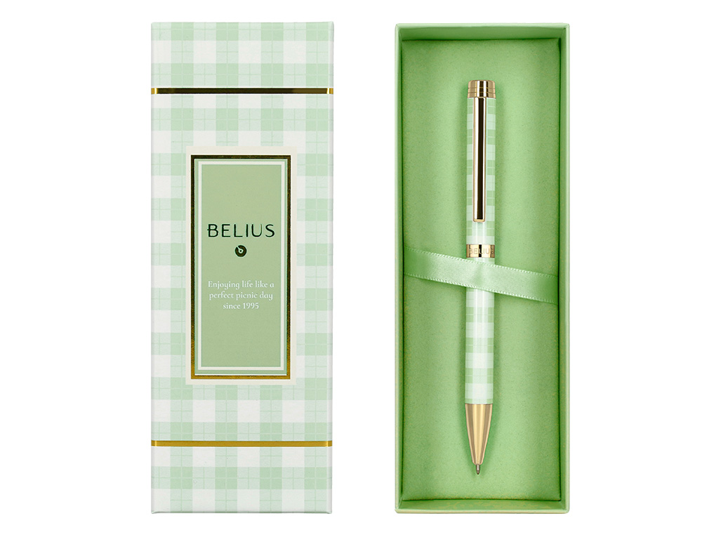 BOLIGRAFO BELIUS PICNIC ALUMINIO COLOR VERDE DORADO TINTA COLOR AZUL CAJA DE DISEO