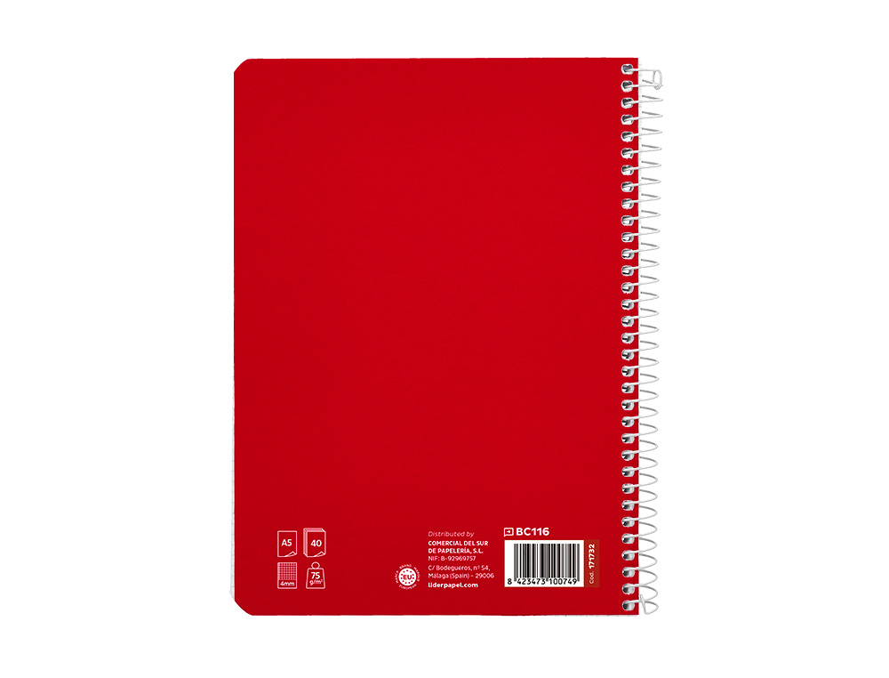 CUADERNO ESPIRAL LIDERPAPEL A5 PAUTAGUIA TAPA BLANDA 40H 75GR CUADRO PAUTADO 4MM COLOR ROJO