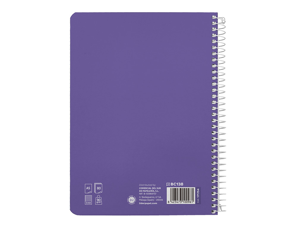 CUADERNO ESPIRAL LIDERPAPEL A5 PAUTAGUIA TAPA DURA 80H 90 GR CUADRO PAUTADO 5MM COLOR LILA