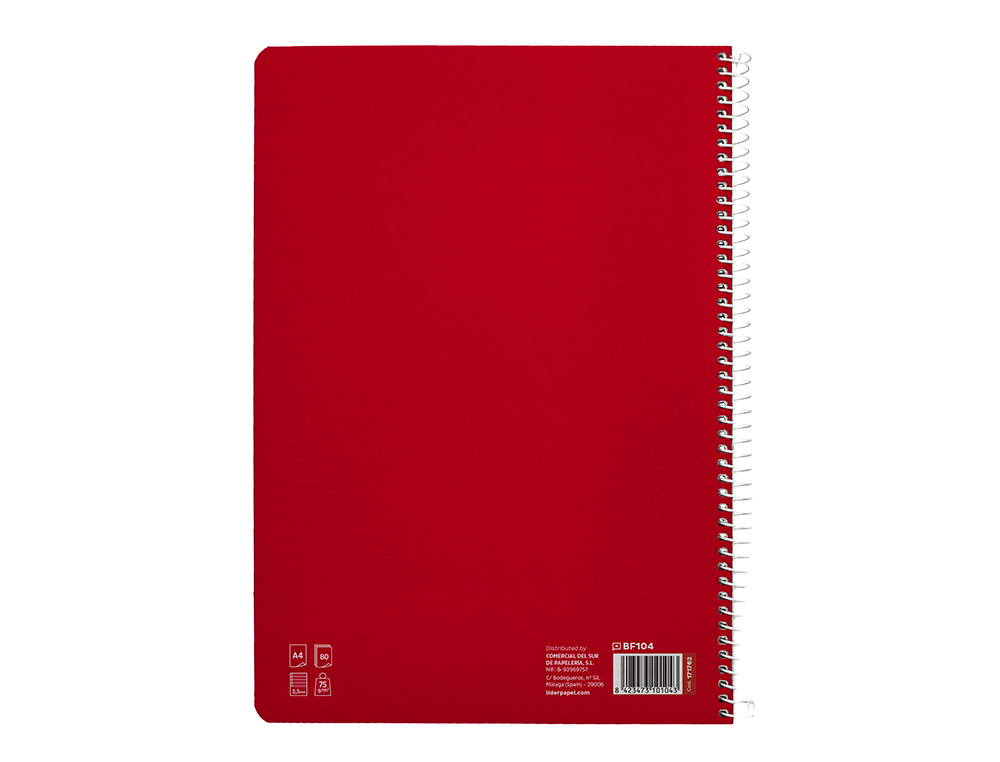 CUADERNO ESPIRAL LIDERPAPEL A4 PAUTAGUIA TAPA BLANDA 80H 75 GR CUADRO PAUTADO 2,5MM COLOR ROJO