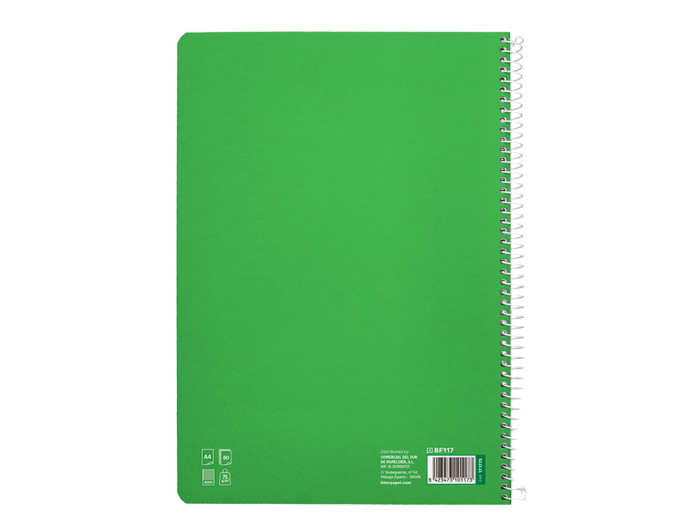 CUADERNO ESPIRAL LIDERPAPEL A4 PAUTAGUIA TAPA BLANDA 80H 75GR CUADRO PAUTADO 4MM COLOR VERDE