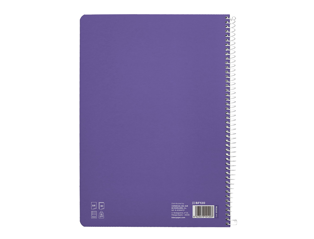 CUADERNO ESPIRAL LIDERPAPEL A4 PAUTAGUIA TAPA BLANDA 80H 75GR CUADRO PAUTADO 5MM COLOR LILA
