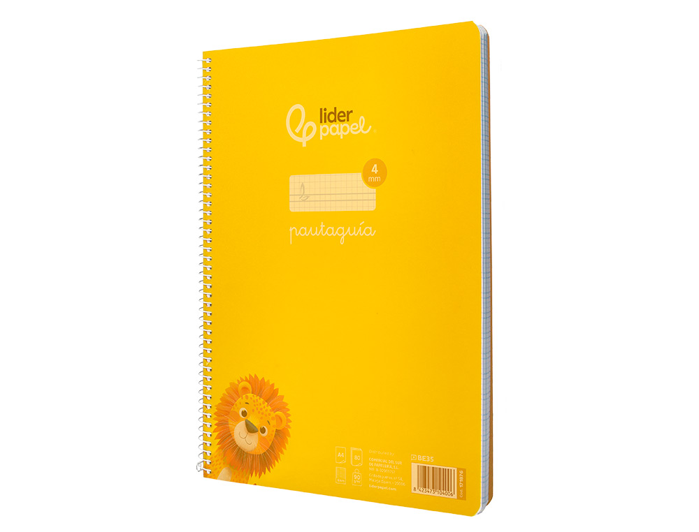 CUADERNO ESPIRAL LIDERPAPEL A4 PAUTAGUIA TAPA PLASTICO 80H 90GR CUADRO PAUTADO 4MM CON MARGEN COLOR AMARILLO
