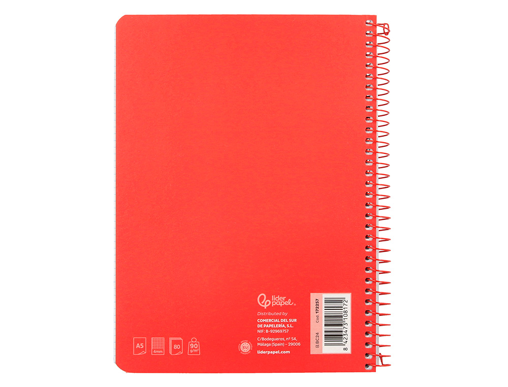 CUADERNO ESPIRAL LIDERPAPEL A5 WITTY TAPA DURA 80H 90GR CUADRO 4MM CON MARGEN COLOR ROJO