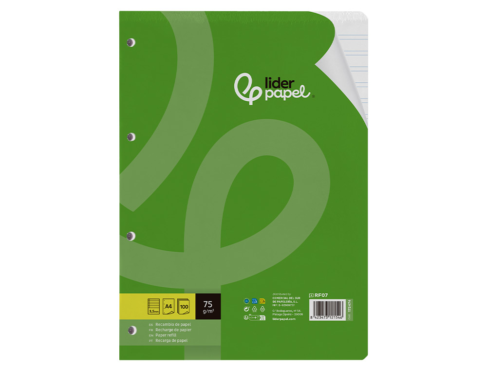 RECAMBIO LIDERPAPEL DIN A4 100 HOJAS 75 GR PAUTA 4 3.5MM CON MARGEN 4 TALADROS