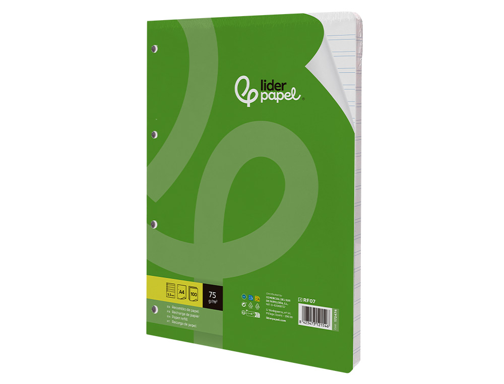 RECAMBIO LIDERPAPEL DIN A4 100 HOJAS 75 GR PAUTA 4 3.5MM CON MARGEN 4 TALADROS