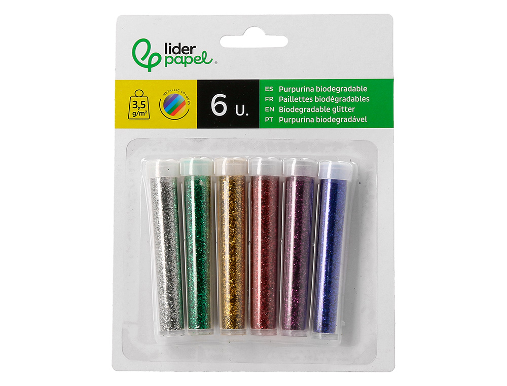 PURPURINA LIDERPAPEL BIODEGRADABLE FANTASIA BOTE 3,5 GR COLORES METALICOS SURTIDOS BLISTER DE 6 UNIDADES