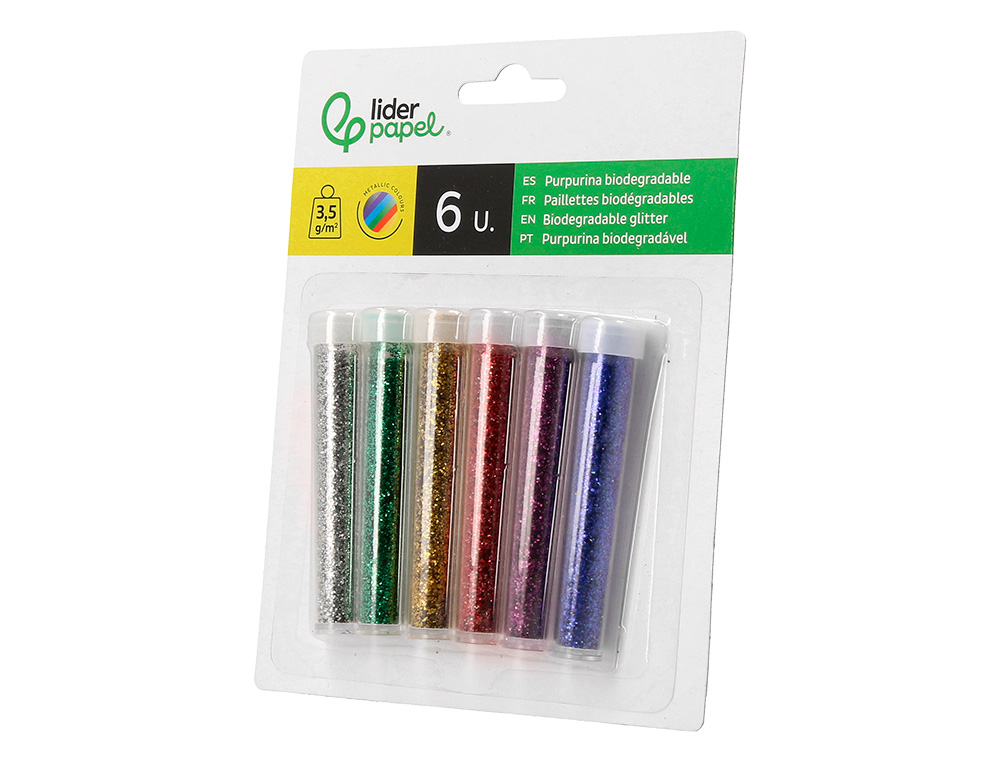 PURPURINA LIDERPAPEL BIODEGRADABLE FANTASIA BOTE 3,5 GR COLORES METALICOS SURTIDOS BLISTER DE 6 UNIDADES